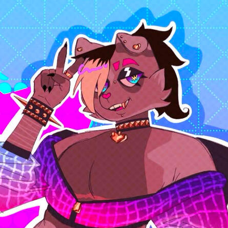 fursona art of my fursona, a brown dog with his hair up in a ponytail. His eyes are tired, he's grinning, and holding up a peace sign. He has a gold studded collar and wristband